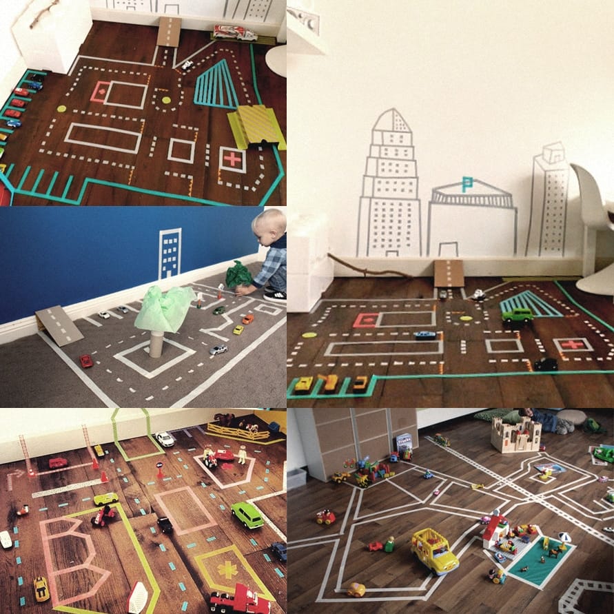 Pistas de carrinho com fitas adesivas Conexão pais e filhos