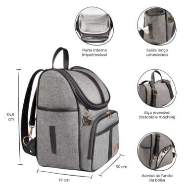 Kit Mochila e Mala Maternidade Multifuncional Lebaby 2 em 1 Cinza Mescla