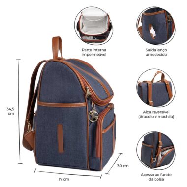Bolsa Mochila Maternidade Multifuncional Lebaby 2 em 1 Jeans