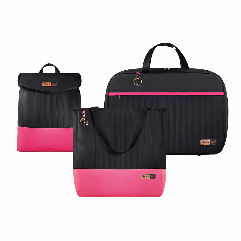 Kit Bolsa Mala e Mochila Maternidade Coleção Cores - Preto e Pink