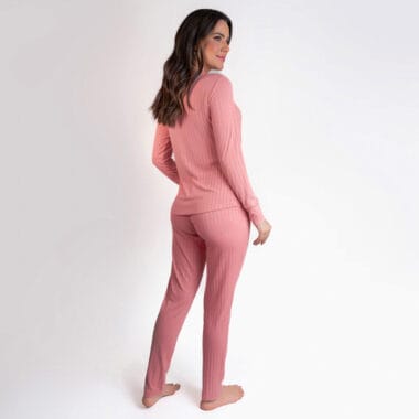 Pijama Maternidade e Amamentação Blusa e Calça Canelado  - Rose