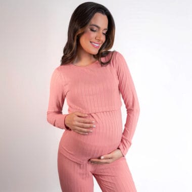 Pijama Maternidade e Amamentação Blusa e Calça Canelado  - Rose