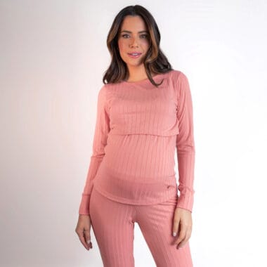 Pijama Maternidade e Amamentação Blusa e Calça Canelado  - Rose