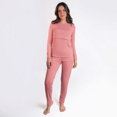 Pijama Maternidade e Amamentação Blusa e Calça Canelado  - Rose