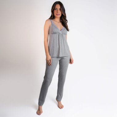 Pijama Maternidade e Amamentação Calça e Blusa - Listras Cinza