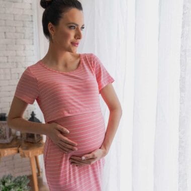 Vestido de Amamentação e Maternidade – Midi Viscolycra Listras Rosa
