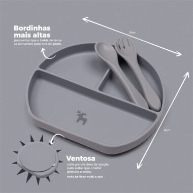 Kit Introdução Alimentar Prato Silicone com Ventosa Cinza
