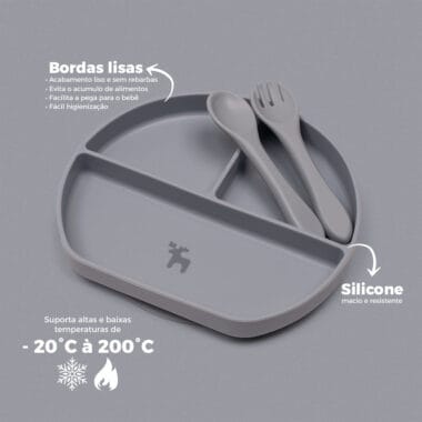 Kit Introdução Alimentar Prato Silicone com Ventosa Cinza