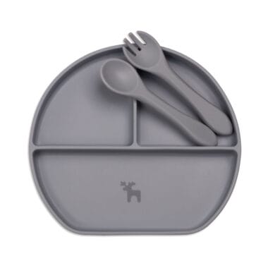 Kit Introdução Alimentar Prato Silicone com Ventosa Cinza