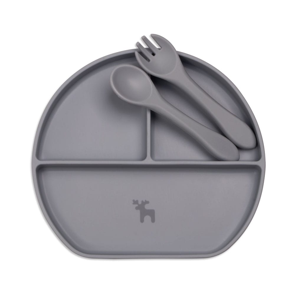 Kit Introdução Alimentar Prato Silicone com Ventosa Cinza