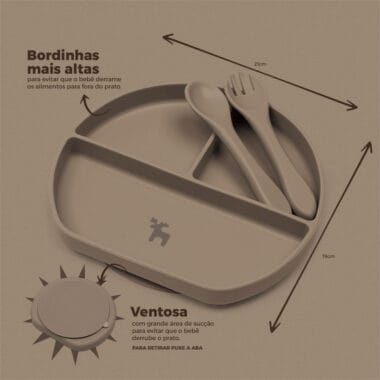 Kit Introdução Alimentar Prato Silicone com Ventosa Verde Musgo