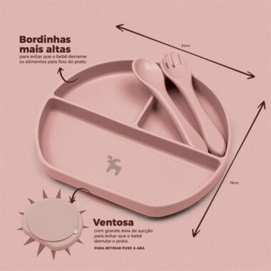 Kit Introdução Alimentar Prato Silicone com Ventosa Rose