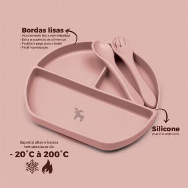 Kit Introdução Alimentar Prato Silicone com Ventosa Rose