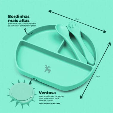 Kit Introdução Alimentar Prato Silicone com Ventosa Verde Claro