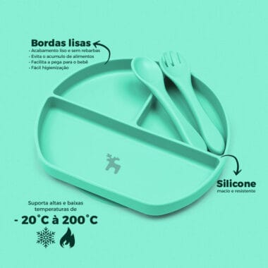 Kit Introdução Alimentar Prato Silicone com Ventosa Verde Claro
