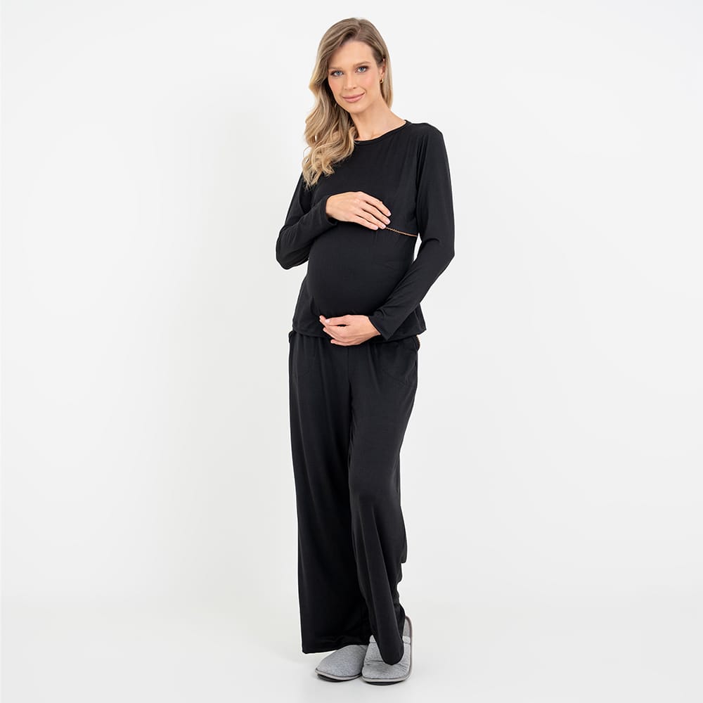 Pijama Longo Maternidade Preto