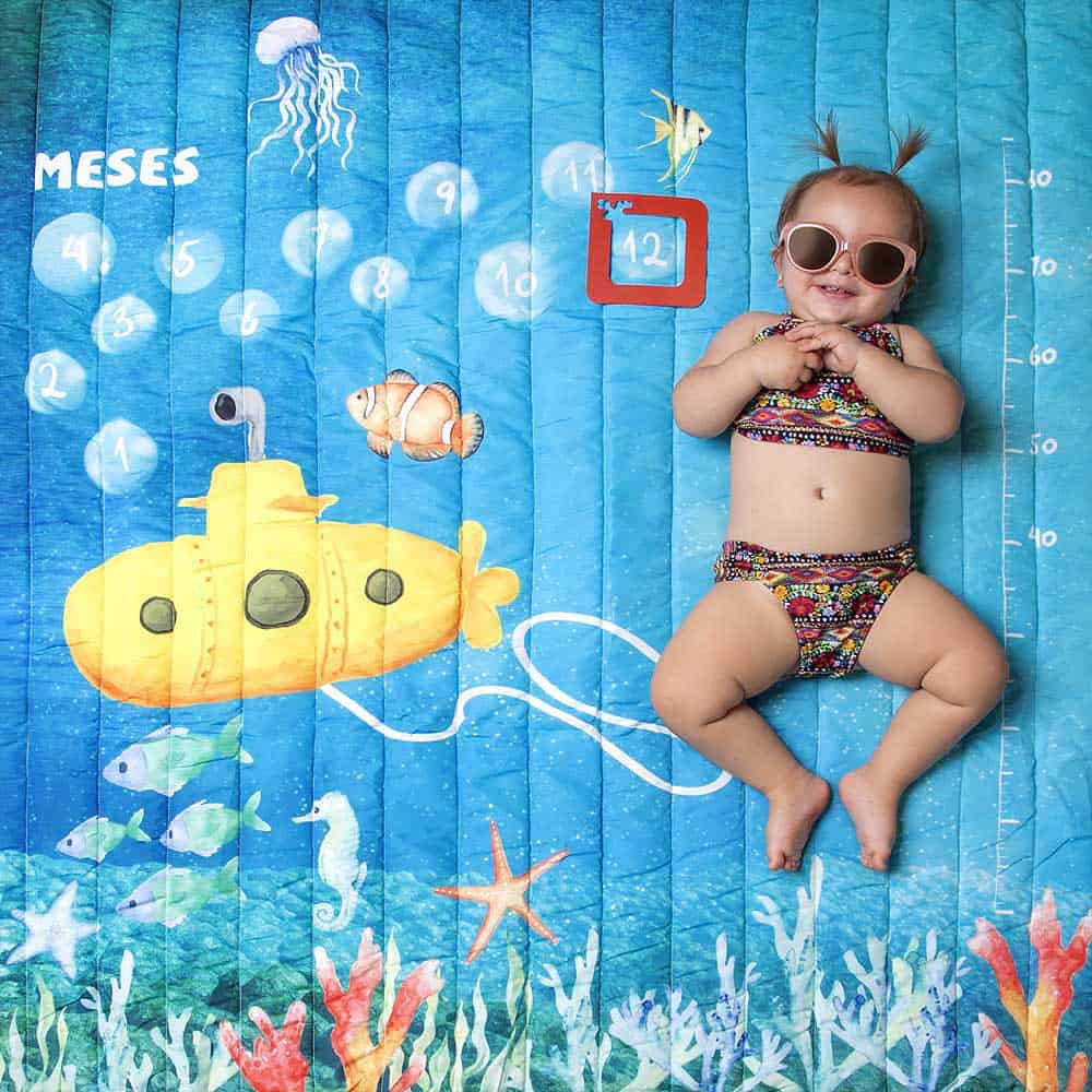 tapete mesversário acompanhamento mensal dupla face azul tema fundo do mar use alce